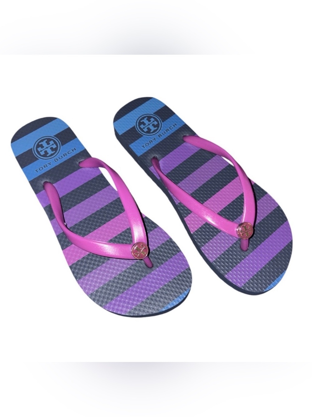 Tory Burch Pink and Purple Striped Flip Flops